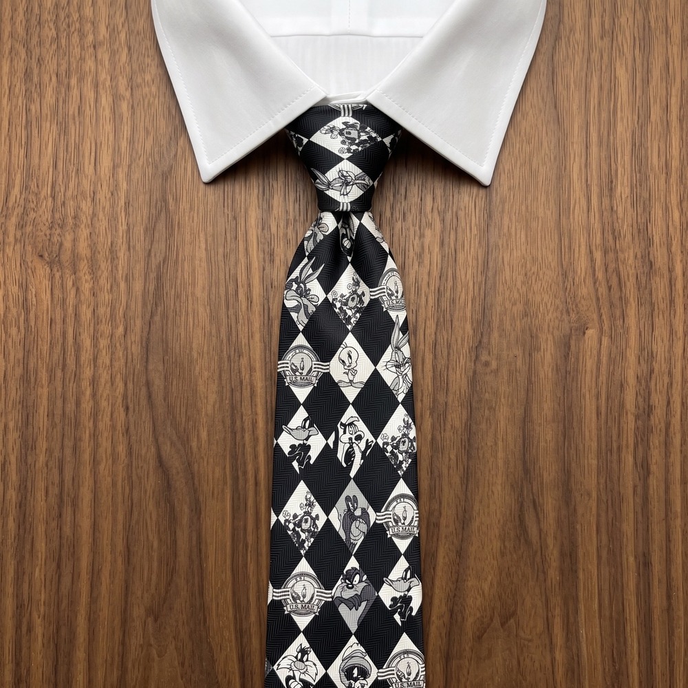 Vintage 1997 Looney Tunes Stamp Collection Tie Black White Diamond Harlequin